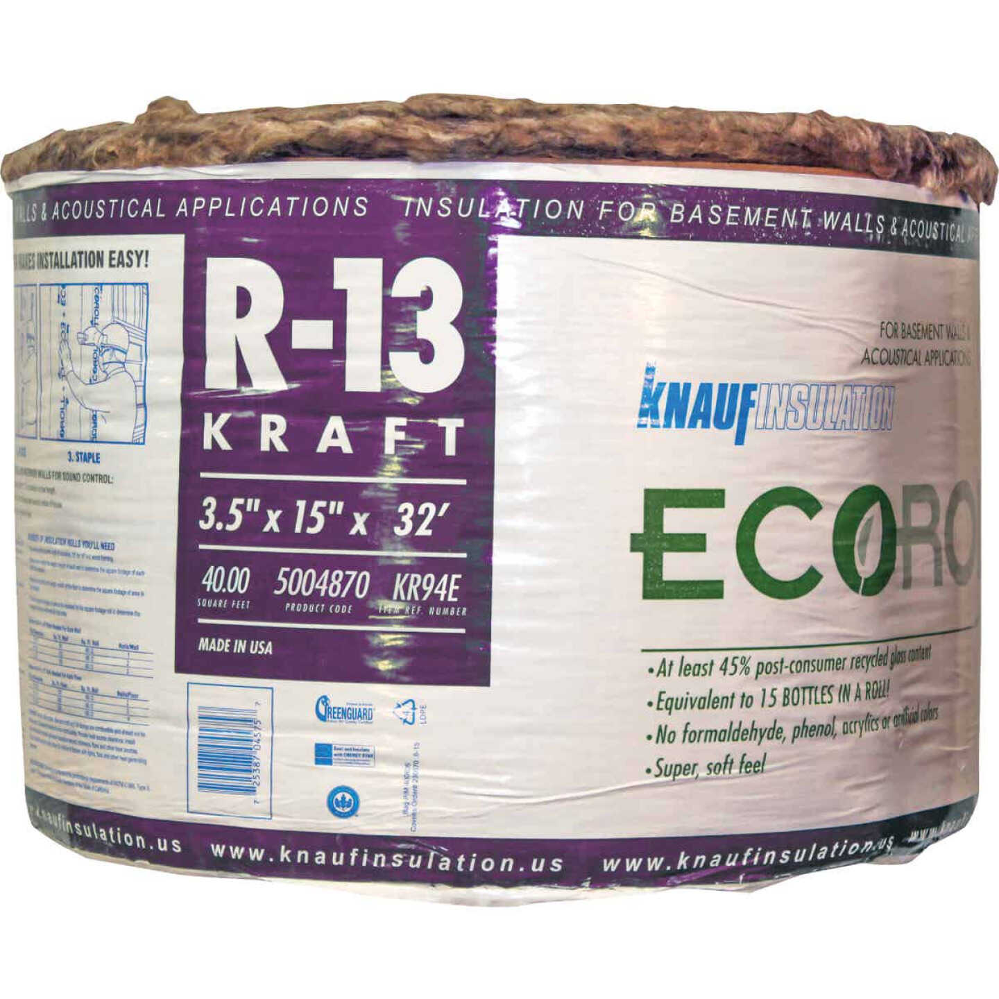 Fiberglass Insulation R13 15" Kraft 40sq' Roll